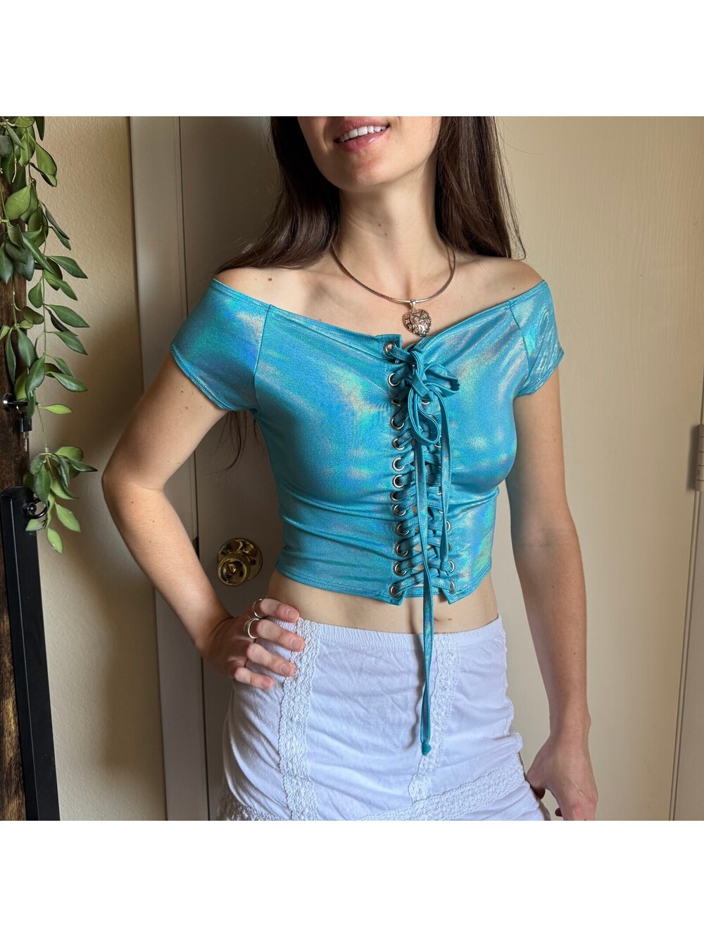 Vintage Y2K Metallic Blue Lace Up Corset Crop Top Shimmer Fairy Rave M